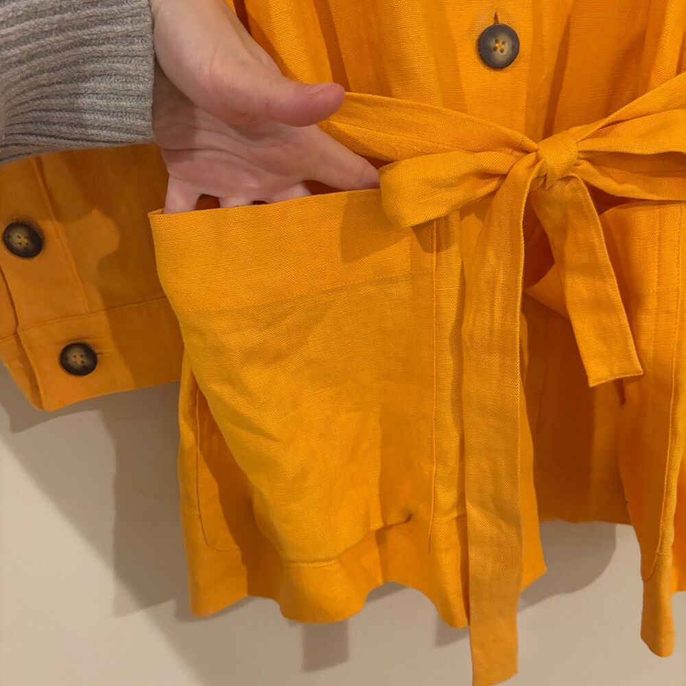 Vintage Linen Long Sleeve Button Front Belted Blouse Orange - Picture 3 of 7